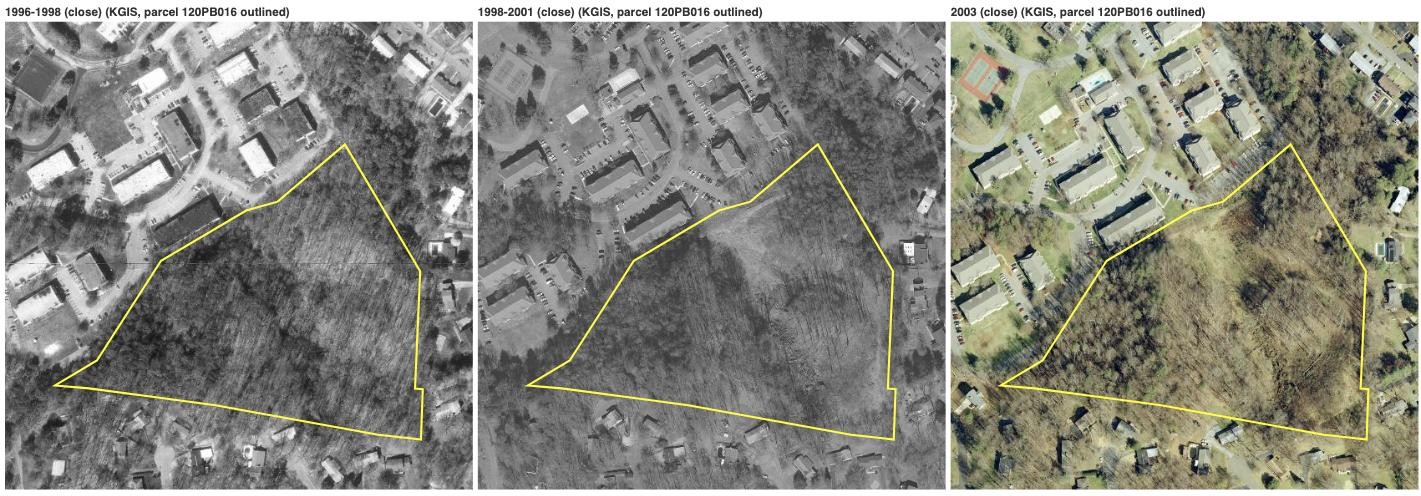 Three aerial photos of the parcel outlined in white: wooded in 1996–98, largely cleared in 1998–2001, and growing back in 2003.